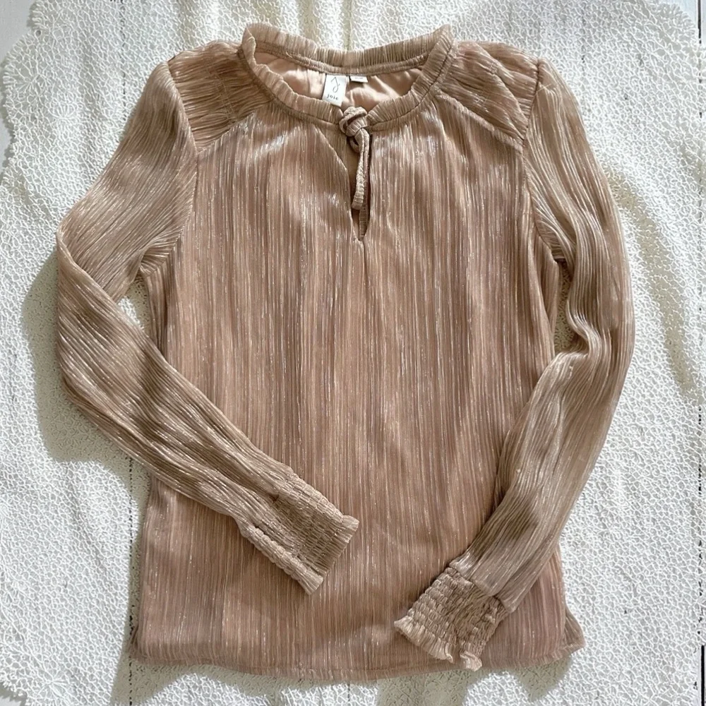JOIE rose gold shimmer metallic pleated smocked sleeve peasant top size medium